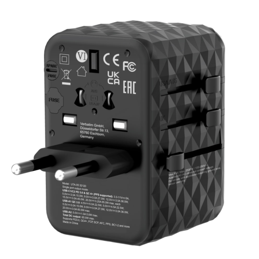 Verbatim 65W Universal Travel Adapter 2x USB-C & 2x USB-A 32120 Black | VERBATIM-32120