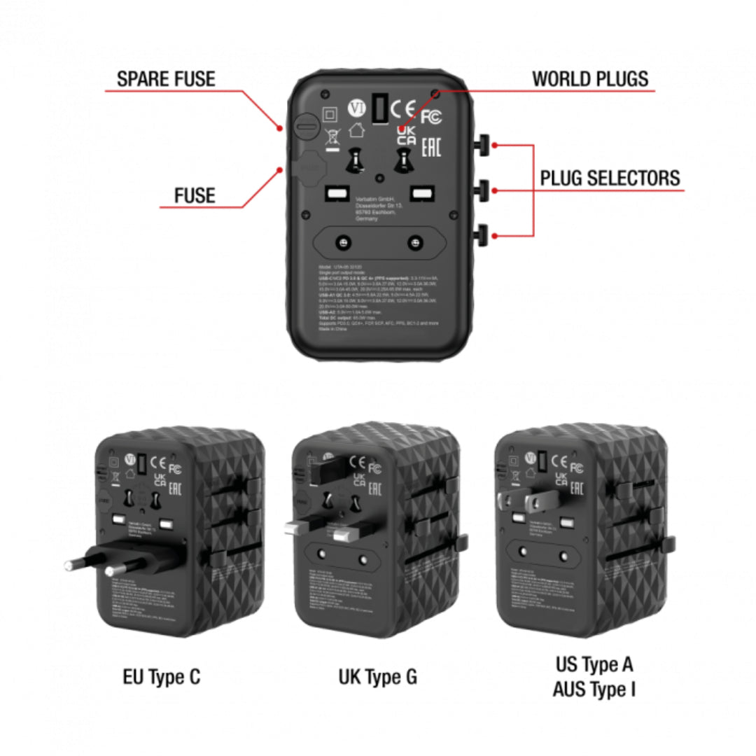 Verbatim 65W Universal Travel Adapter 2x USB-C & 2x USB-A 32120 Black | VERBATIM-32120