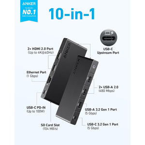 Anker 364 USB C Hub 10-in-1, Dual 4K HDMI) - Black | A83A2G11