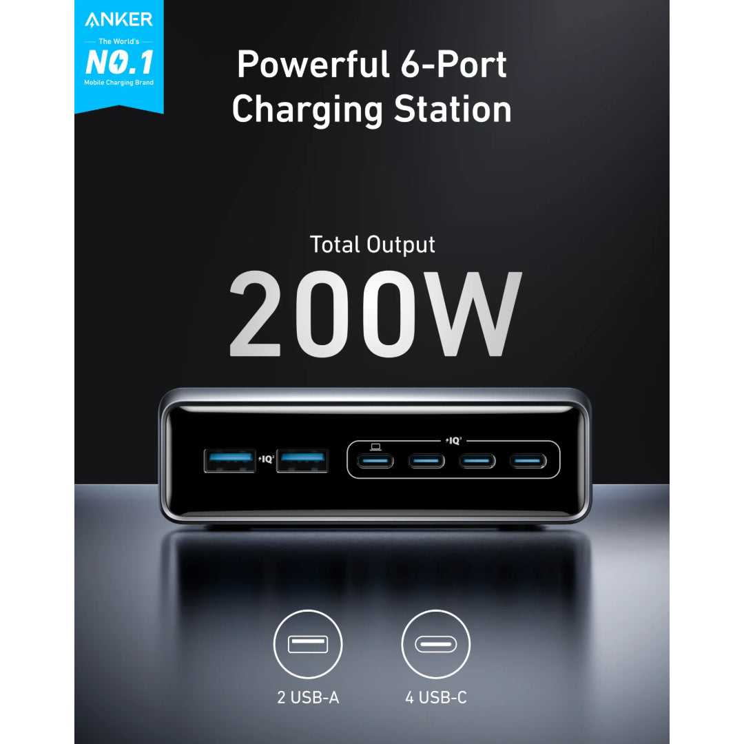 Anker Prime Charger 200W 6 Ports ( 4 x USB c 2 x USB A ) GaN - Silver | A2683241