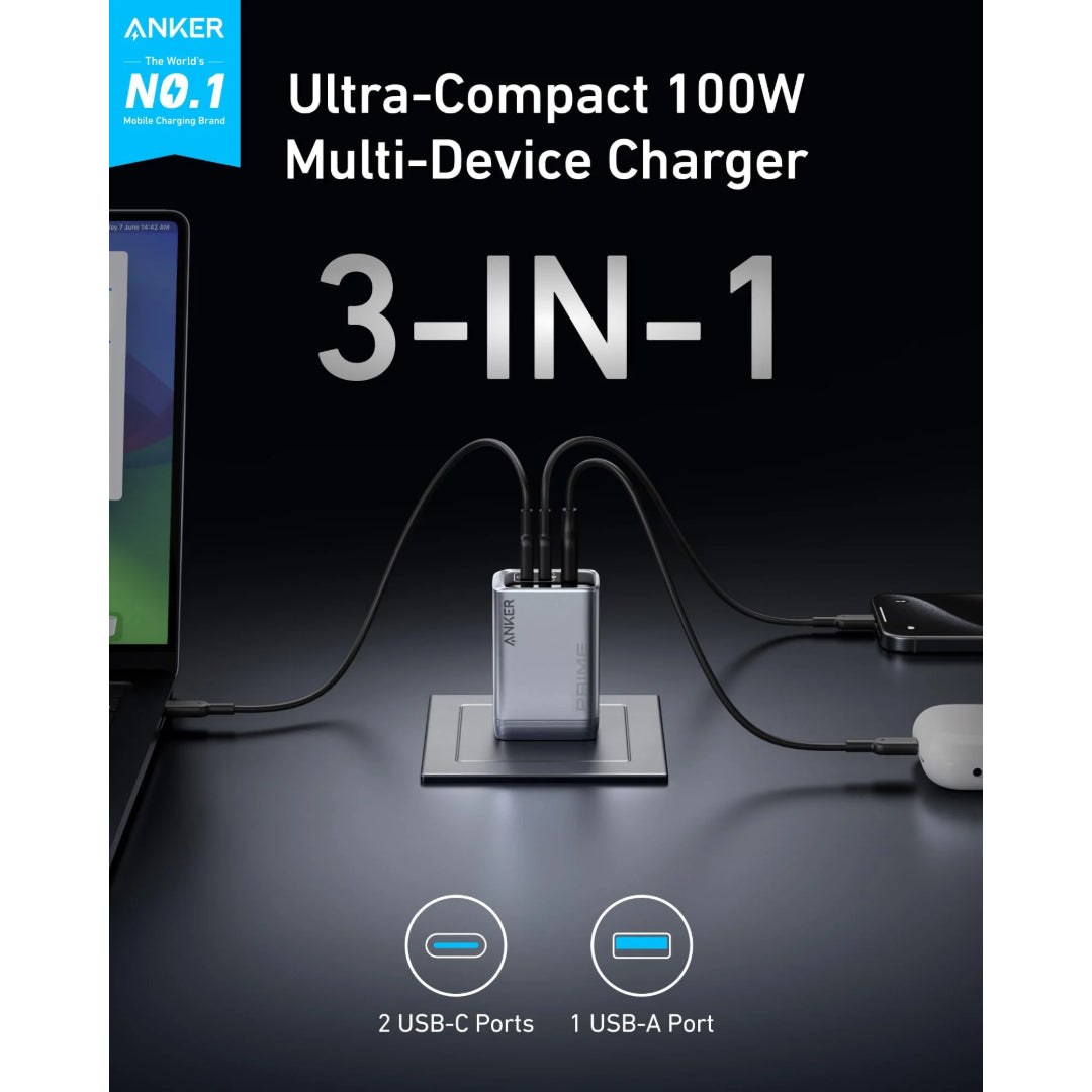 Anker Prime Charger 100W 3 Ports ( 2 x USB C 1 x USB A ) GaNPrime - Silver | A2688241