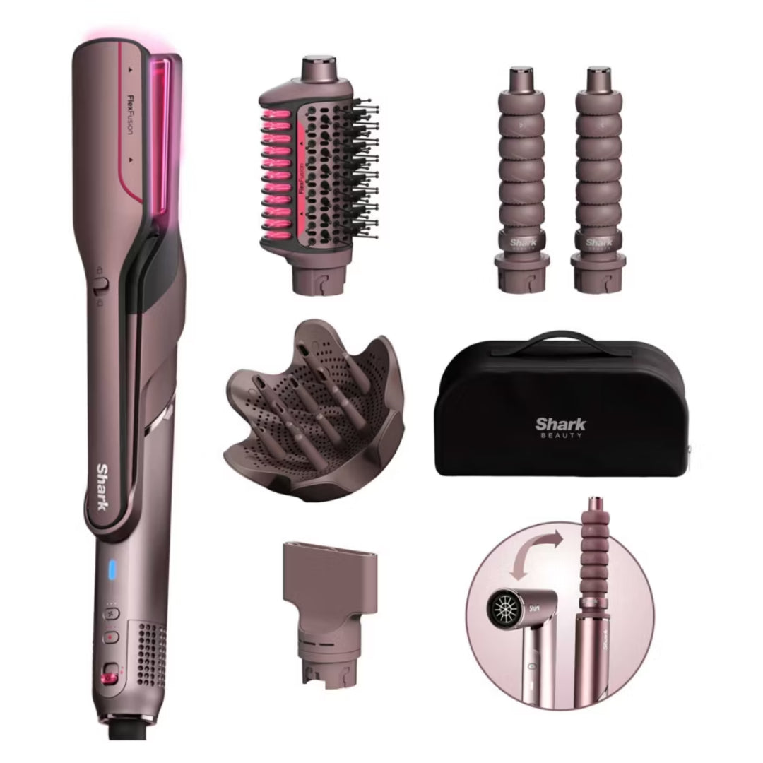 Shark FlexFusion Straight 5 in 1 Air & Ceramic Styler, Hair Dryer & Straightener with Storage Case - Cosmic Blush | HD652SUK