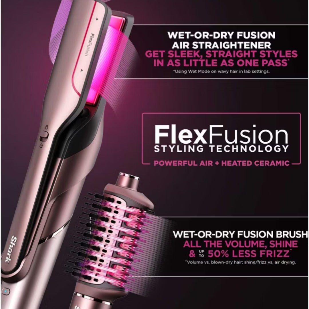 Shark FlexFusion Straight 5 in 1 Air & Ceramic Styler, Hair Dryer & Straightener with Storage Case - Cosmic Blush - HD652SUK