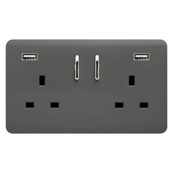 Trendi Double Switched Socket 2 Gang 13Amp With 2 X Usb A Ports - Charcoal | 9101-62