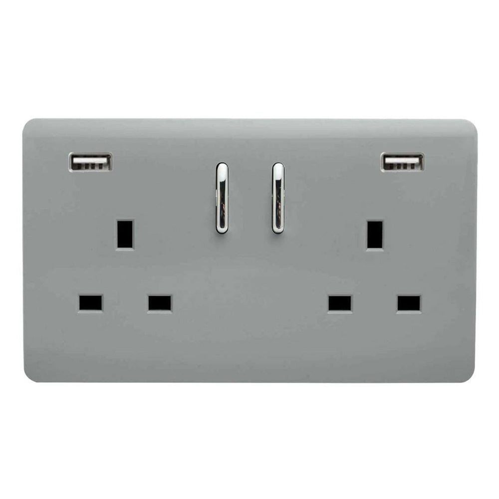 Trendi Double Switched Socket 2 Gang 13Amp with 2 x USB A Ports - Silver | 9100-86