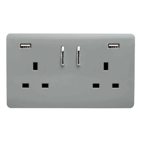 Trendi Double Switched Socket 2 Gang 13Amp with 2 x USB A Ports - Silver | 9100-86