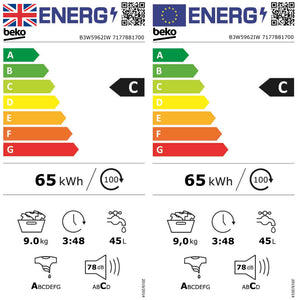 Beko 9kg 1600rpm Washing Machine IronFast RecycledTub - White | B3W5962IW