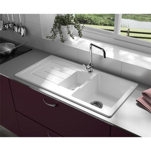 Sanindusa Reno Single Bowl & 1/2 Ceramic Kitchen Sink L/H Drainer - White | 2710710