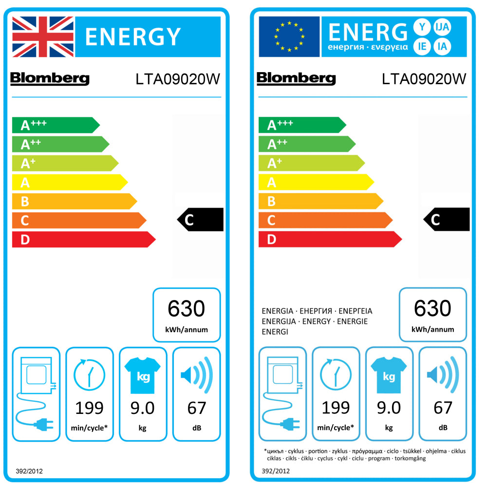 Blomberg 9kg Vented Sensor Dry Tumble Dryer - White | LTA09020W
