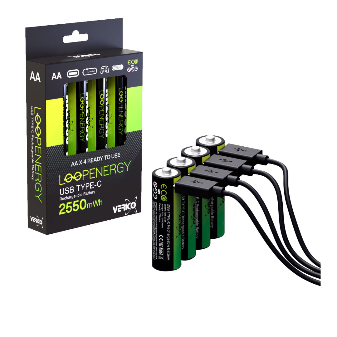 Loopenergy AA Rechargeable Battery 4 Pack USB Cable Included | 1UDBT-A1WEAC-NN