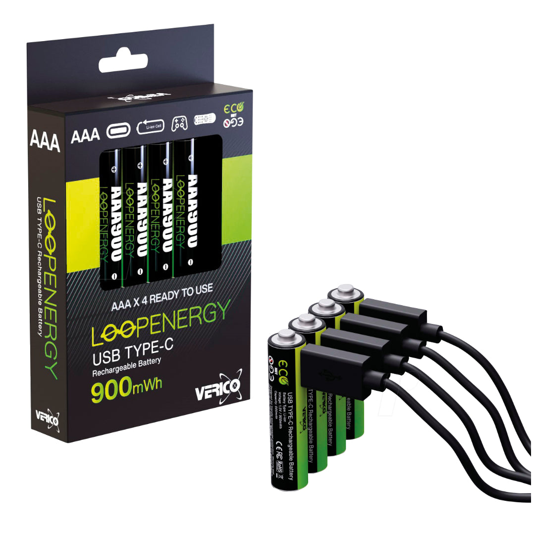Loopenergy AAA Rechargeable Battery 4 Pack USB Cable Included | 1UDBT-A2WEBC-NN