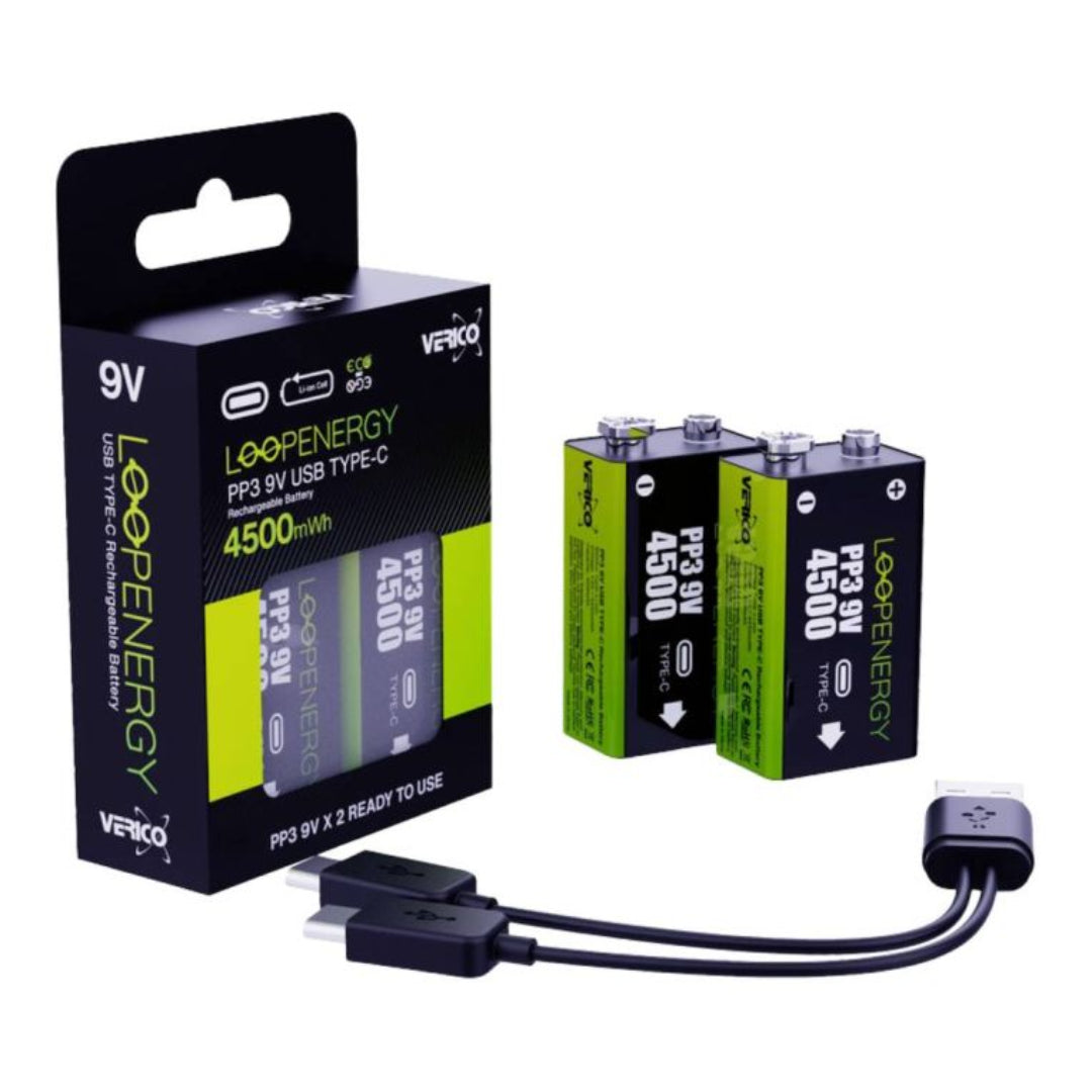 Loop Energy 9V Rechargeable Battery 2 Pack USB Cable Included | 1UDBT-A3WEB2-NN