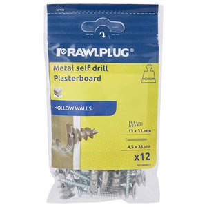 RawlPlug Self Drill Metal Plasterboard Fixings Pack of 12 | R-S1-DRA02/12
