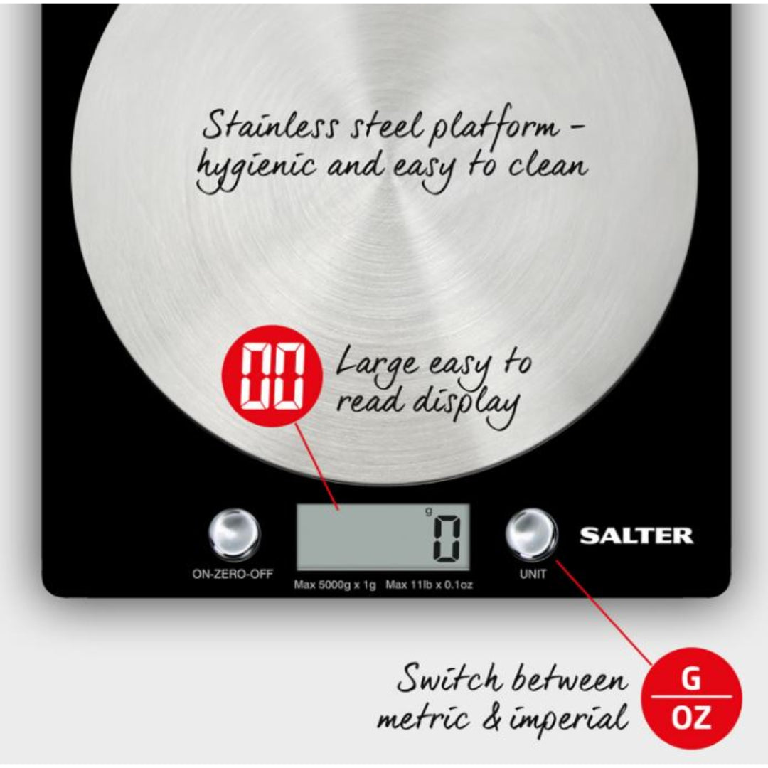 Salter Block 5kg Electronic Kitchen Scales - Black / Stainless Steel | 1036BKSS