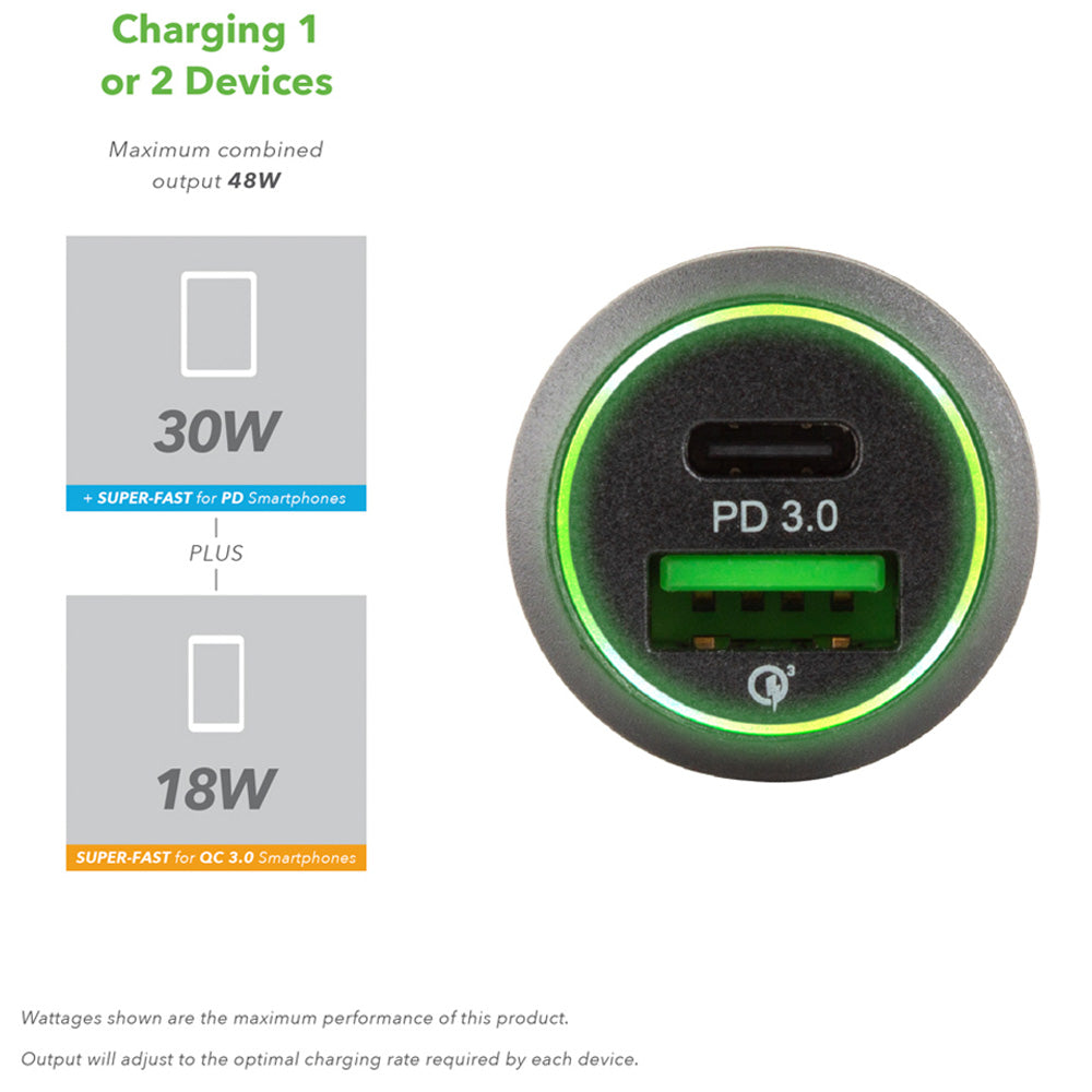 Veld Super Fast Car Charger 48W - 2 Port USB A USB C | VC48DG