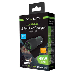 Veld Super Fast Car Charger 48W - 2 Port USB A USB C | VC48DG