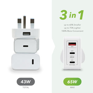 Veld Super Fast 65w GaN Wall Charger 3 Port USB A USB C | VHG65JW