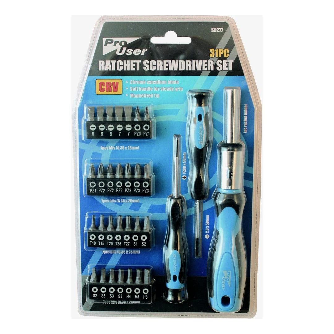 Prouser Chrome Vanadium Ratchet Screwdriver Set 31 Piece - Blue | SD277