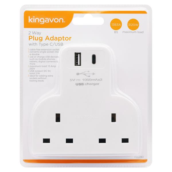 Kingavon 2 Way Plug Adaptor with USB A & USB C Charge Sockets - White | PA080