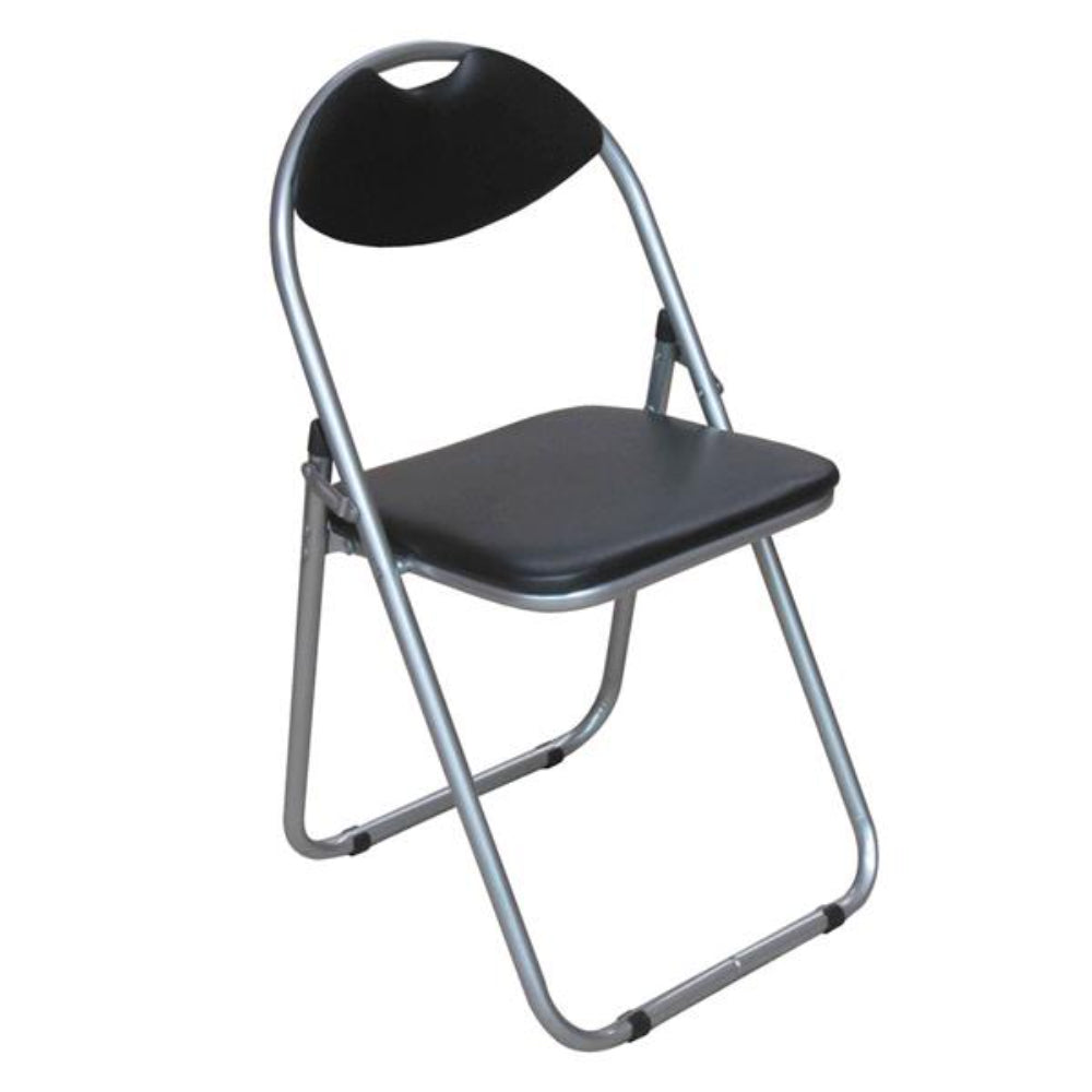Folding Chair Black Leather Silver Frame