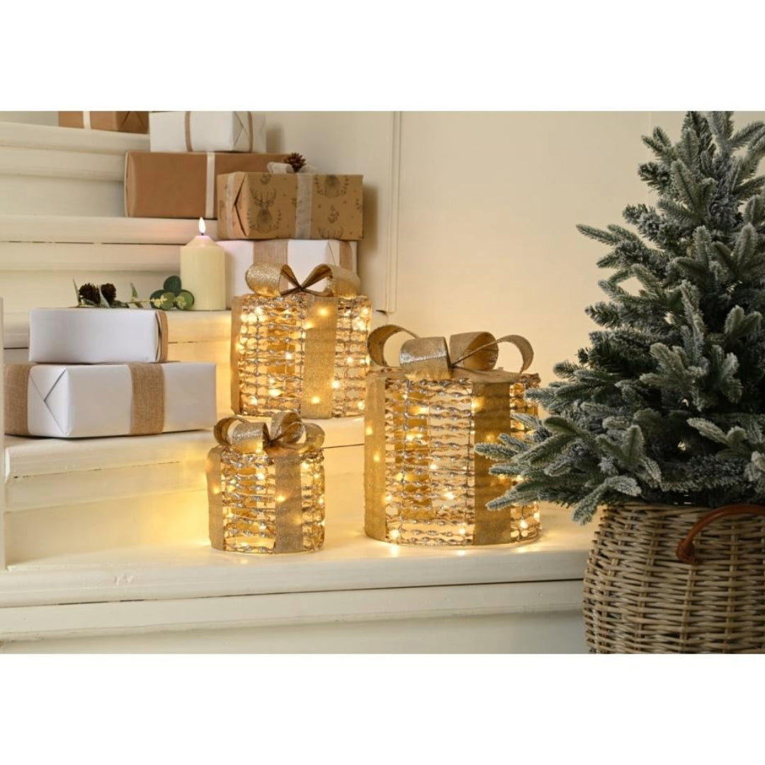 Festive Set of 3 LED Lit Battery Operated Parcels - Champagne Gold | P051896