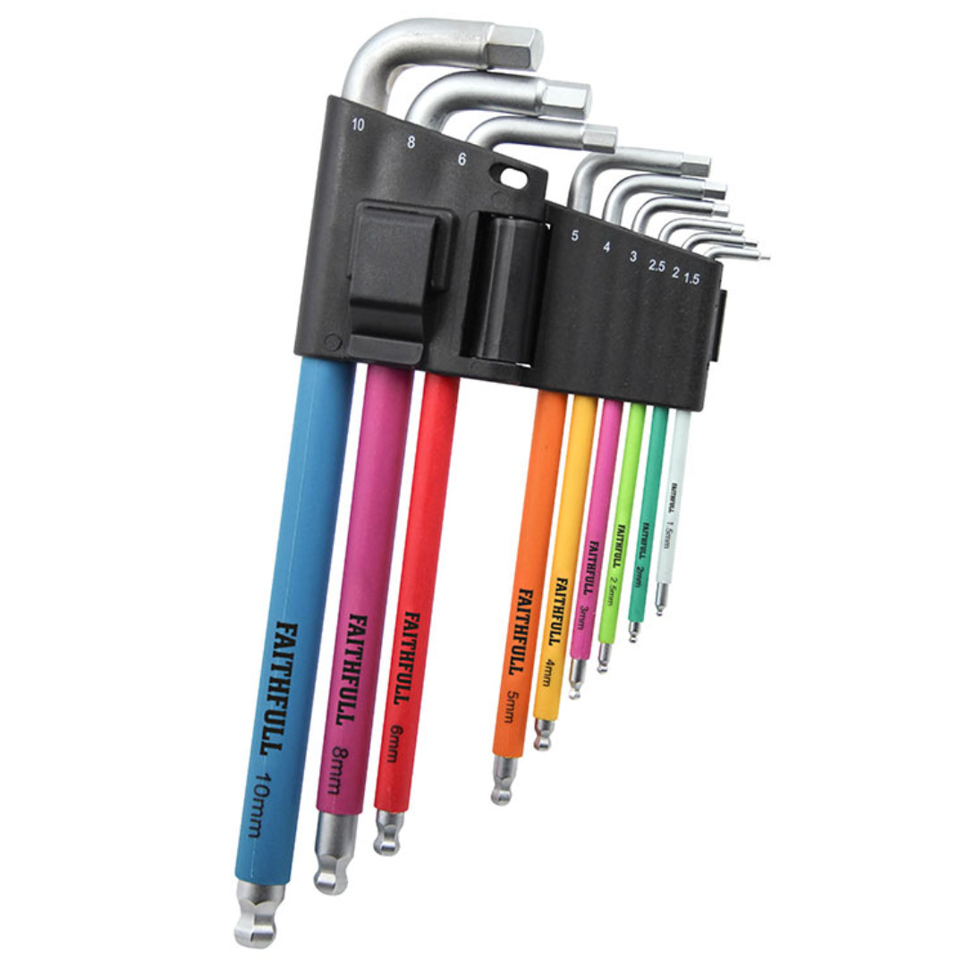 Faithfull 1.5 - 10mm Allen Key Hex Key Set of 9 Colour Coded Metric | XMS24HEXKEYS