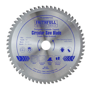 Faithfull TCT Circular Saw Blade Triple Chip Ground 250 x 30mm x 60 Tooth | FAIZ25060TCG