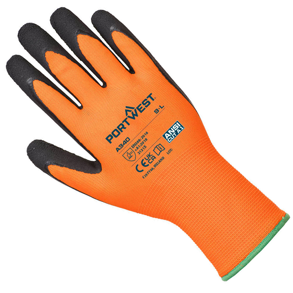 Portwest Hi-Vis Grip Glove - Latex - Orange/Black - X Large (Size10) | A340ORBXL