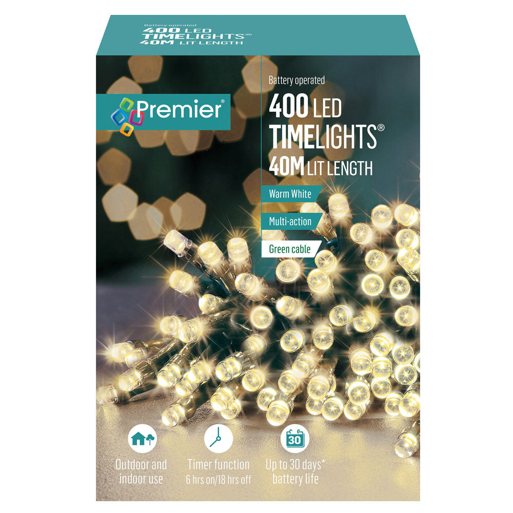 Premier 400 LED Battery Christmas Lights with Timer - Warm White | FLB131955WW
