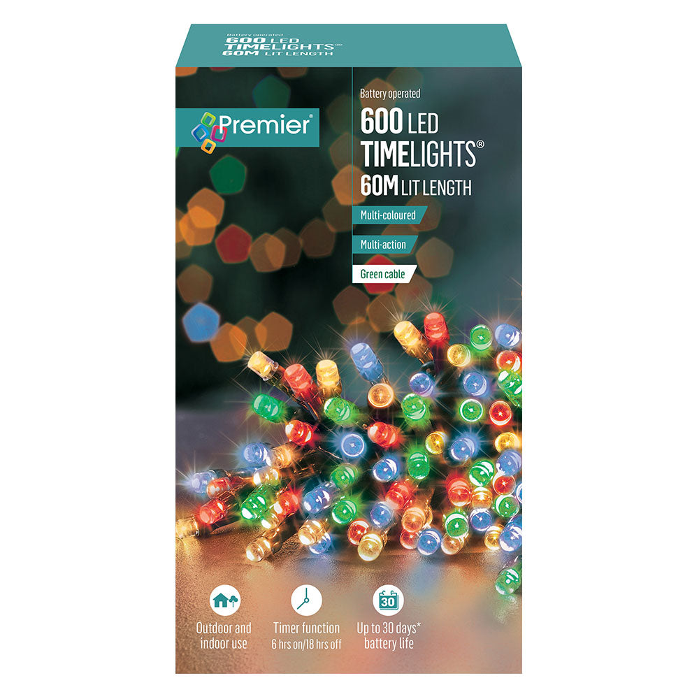 Premier 600 LED Battery Christmas Lights with Timer - Multi Coloured | FLB131956M