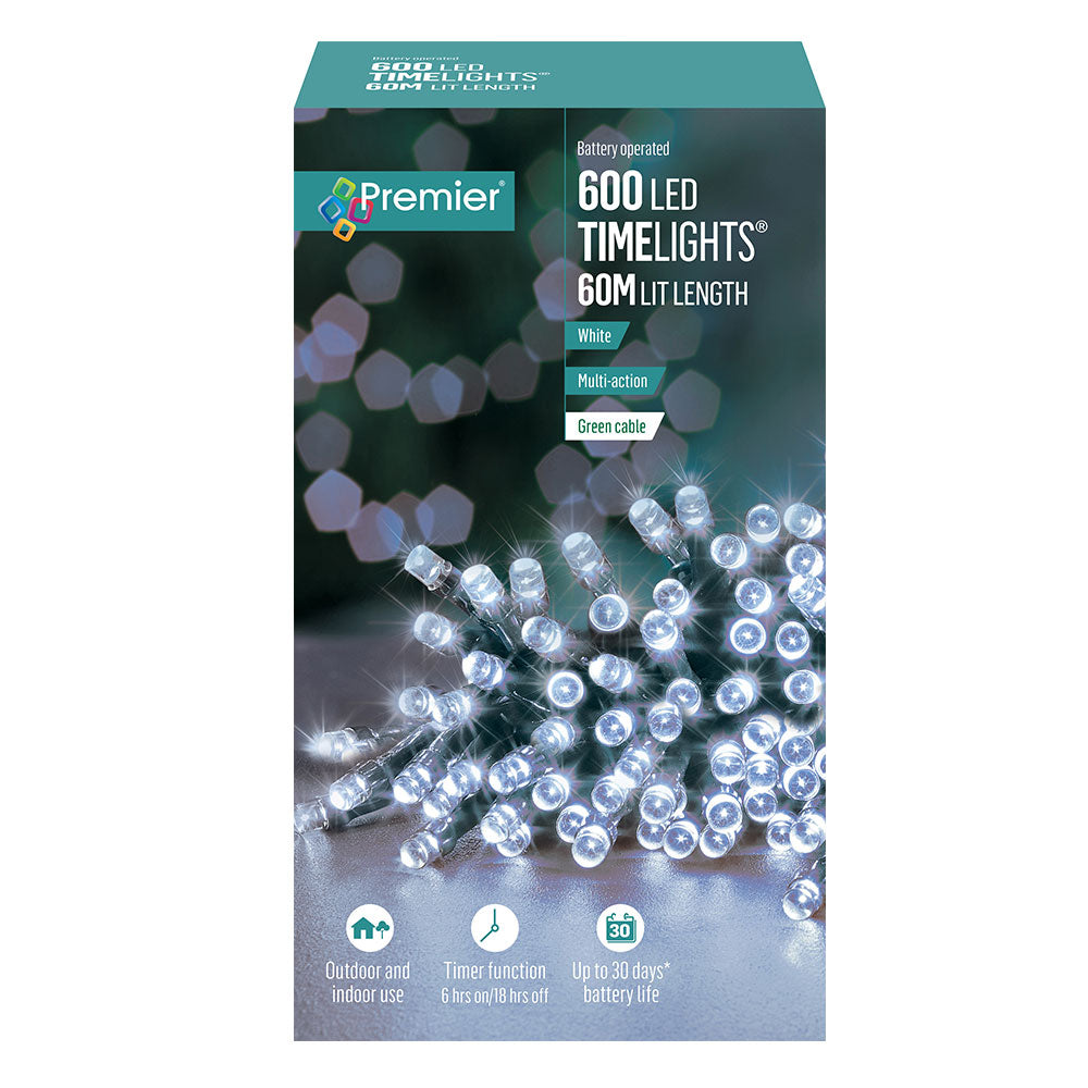 Premier 600 LED Battery Christmas Lights with Timer - White | FLB131956W