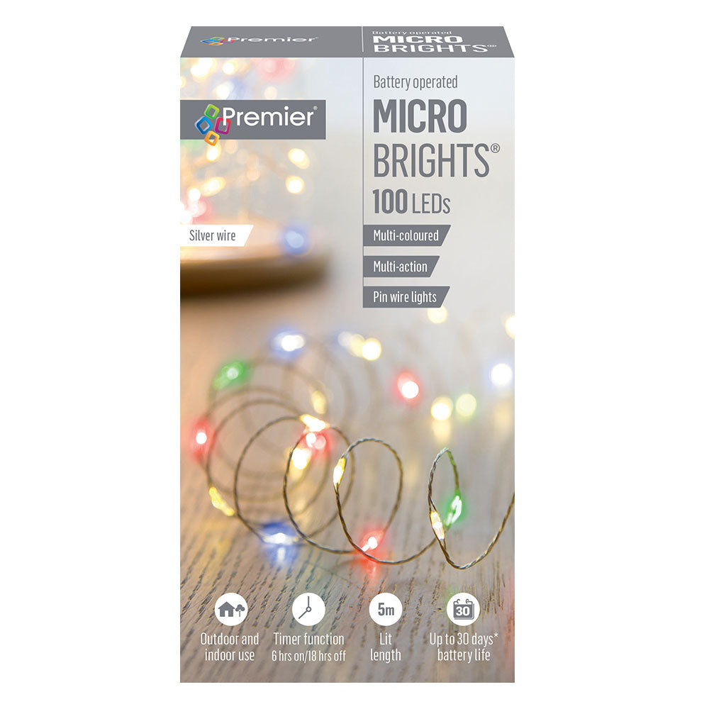 Premier 100 LED Battery Microbright Christmas Lights with Timer - Multi Coloured | FLB151210M