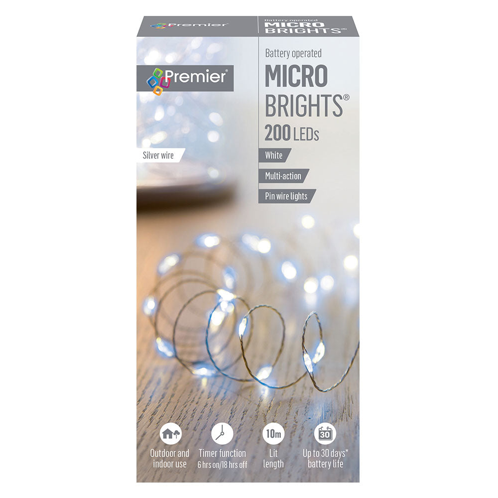 Premier 200 LED Battery Microbrights Christmas Lights with Timer - White | FLB151211W
