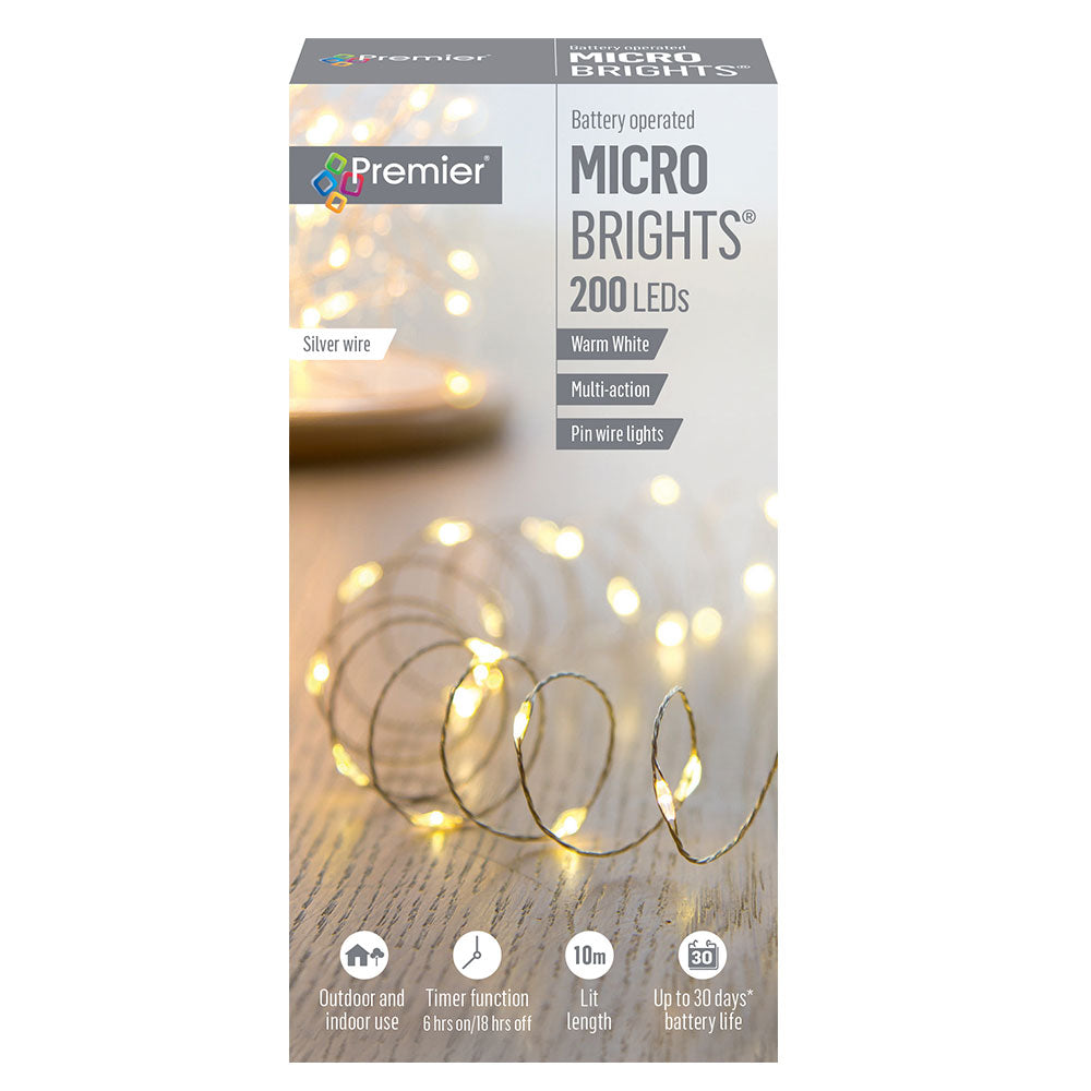 Premier 200 LED Battery Microbright Christmas Lights with Timer - Warm White | FLB151211WW