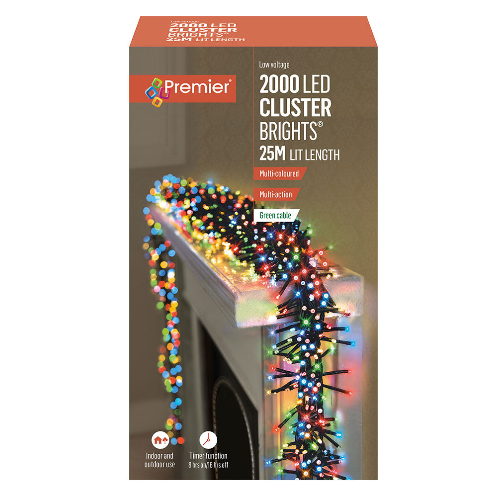 Premier 2000 Multi-Action Clusterbright Christmas Lights with Timer - Multi Coloured | FLV162177M