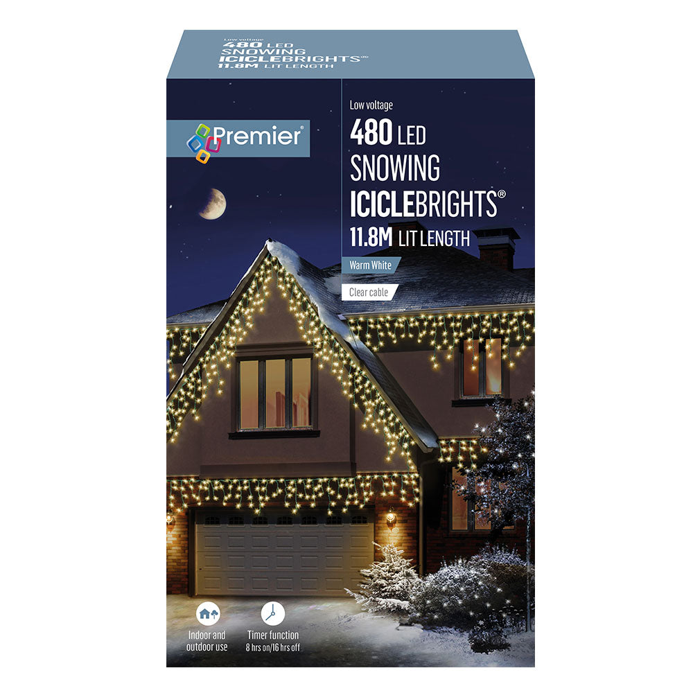 Premier 480 LED Snowing Icicle Christmas Lights with Timer - Warm White | FLV162184WW