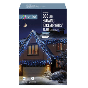Premier 960 LED Snowing Icicle Christmas Lights with Timer - Blue White | FLV162186BW