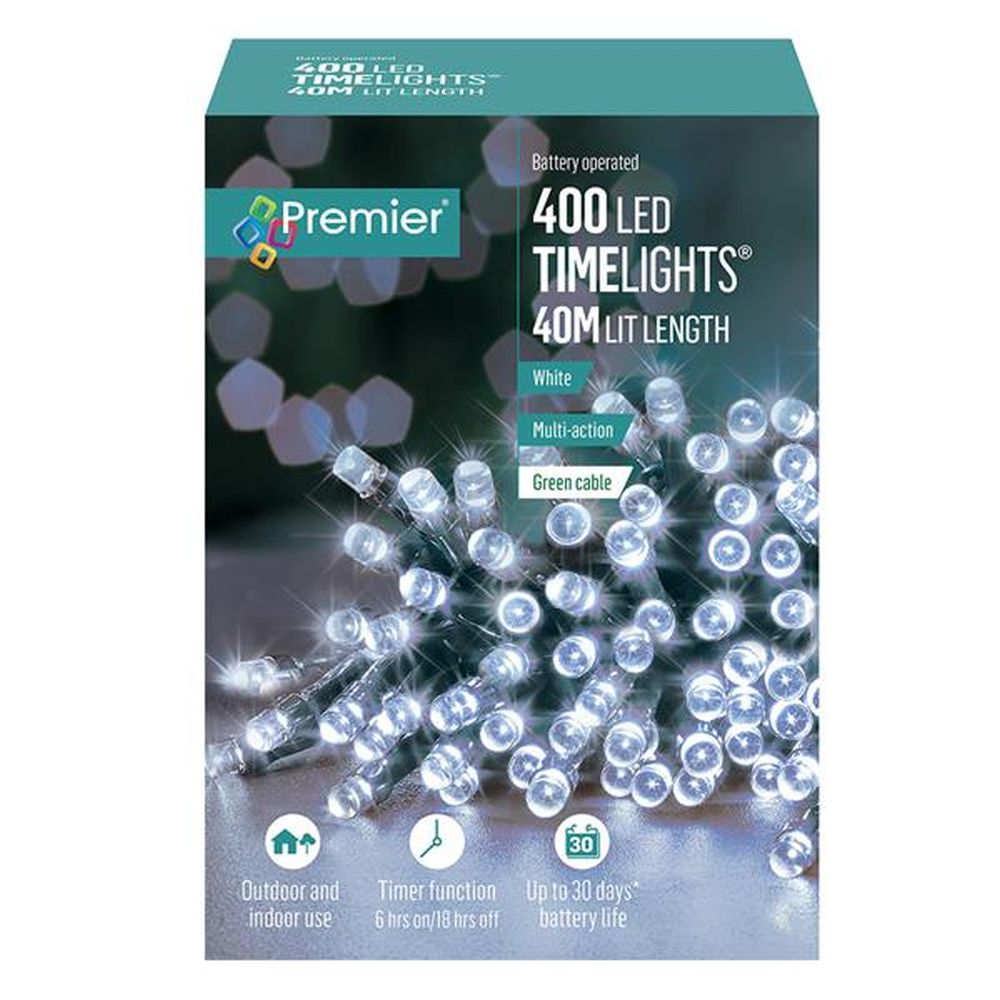Premier 400 LED Battery Christmas Lights with Timer - White | FLB131955W