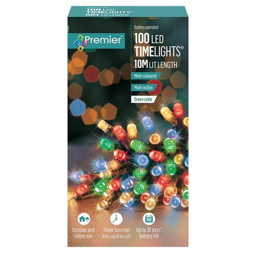Premier 100 LED Battery Christmas Lights with Timer - Multi Coloured | FLB112383M