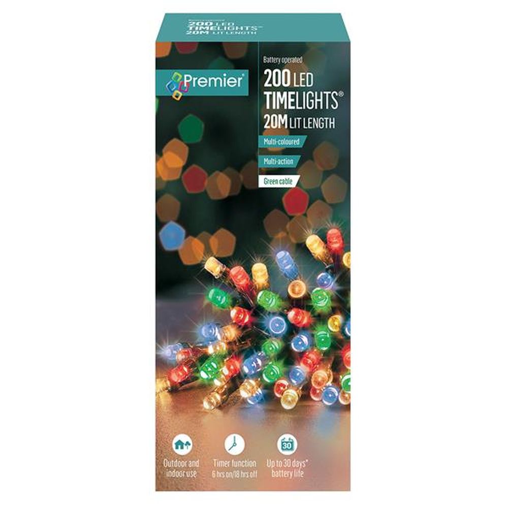 Premier 200 LED Battery Christmas Lights with Timer - Multi Coloured | FLB112384M