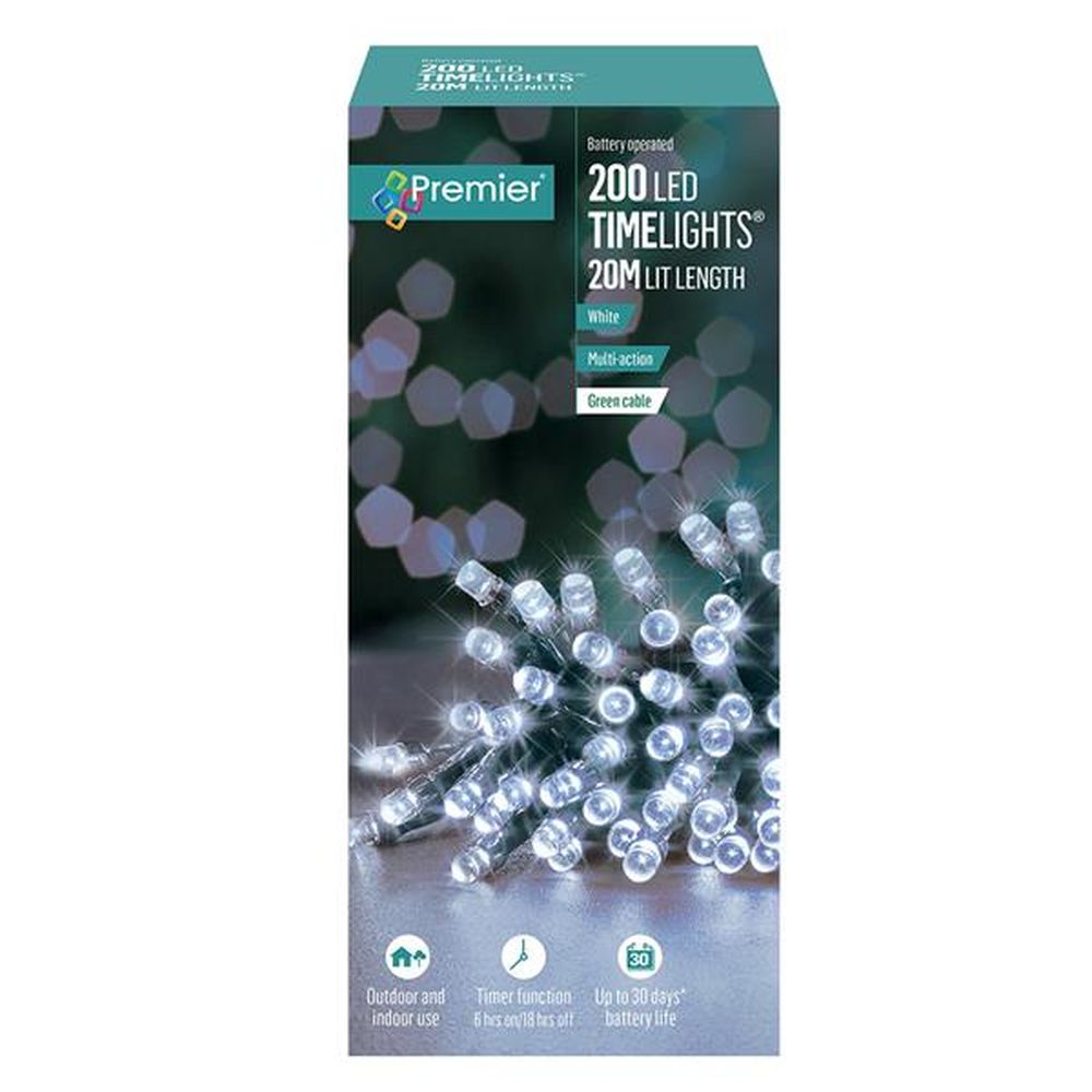 Premier 200 LED Battery Christmas Lights with Timer - White | FLB112384W