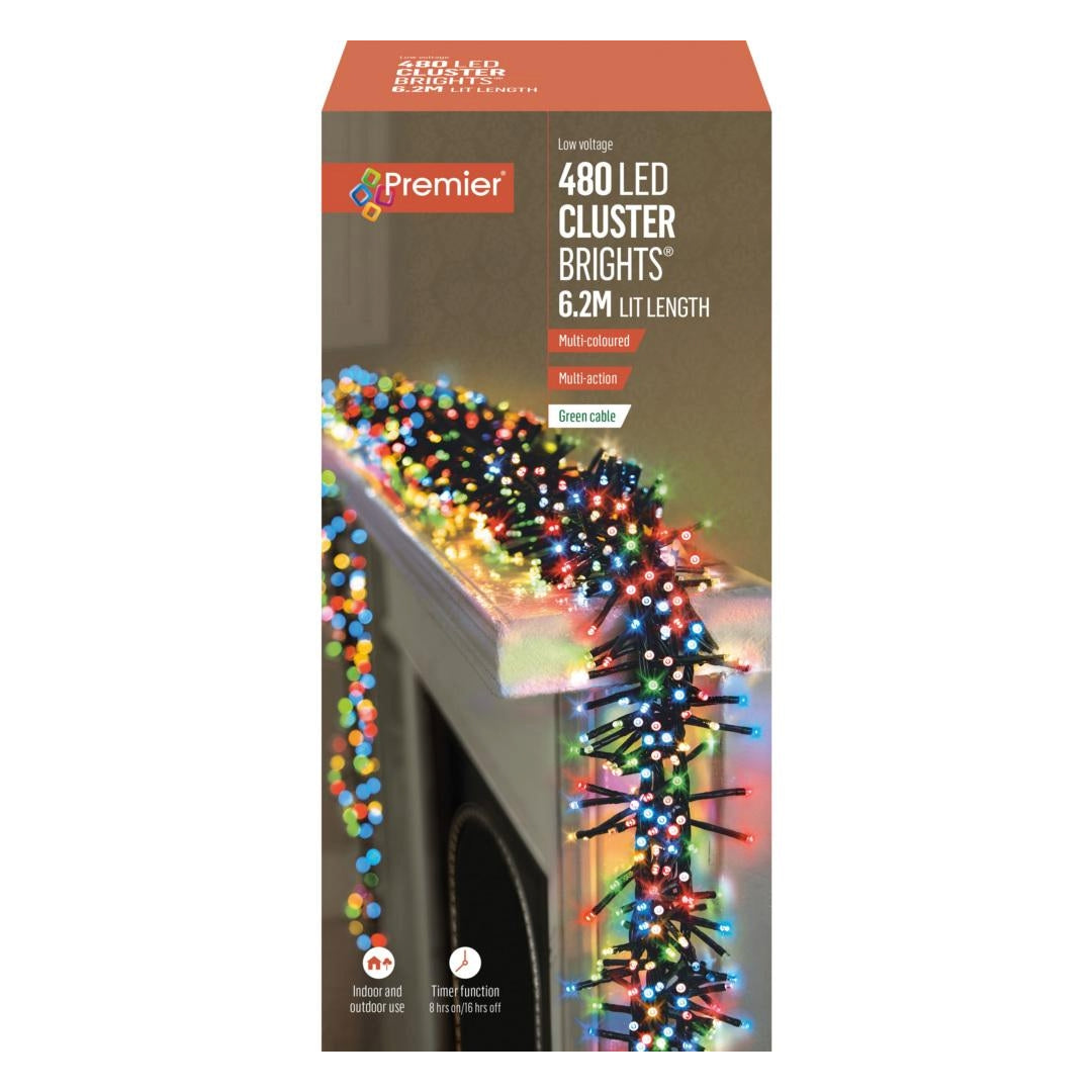 Premier 480 Multi-Action Clusterbright Christmas Lights with Timer - Multi Coloured | FLV162174M