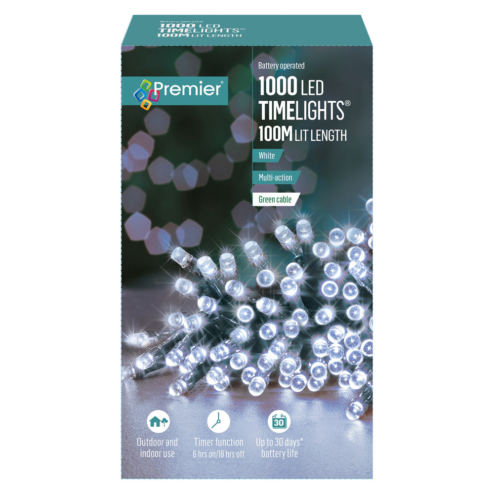Premier 1000 LED Battery Christmas Lights with Timer - White | FLB213283W