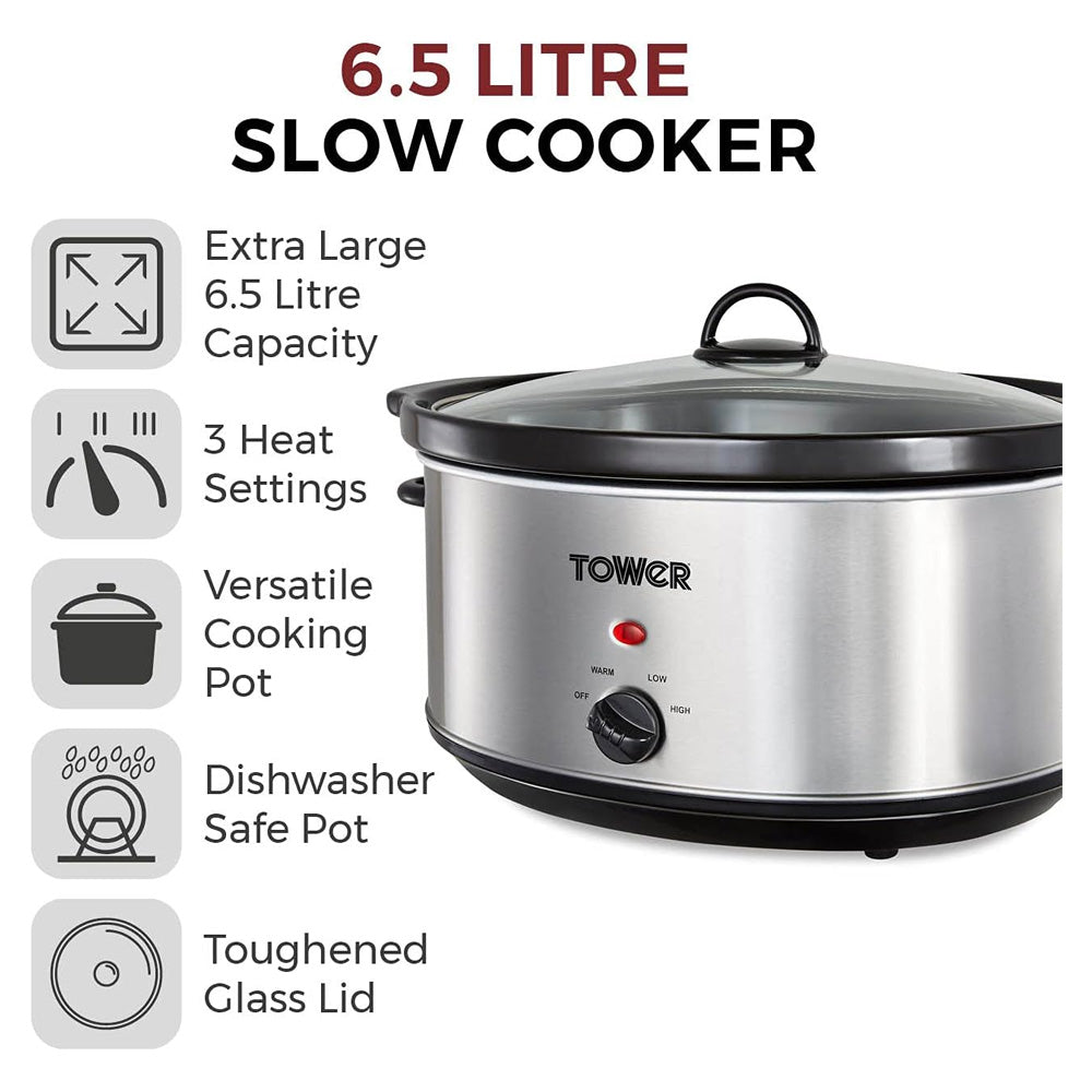 Tower 6.5 Litre Slow Cooker - Stainless Steel | T16040