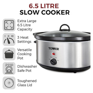 Tower 6.5 Litre Slow Cooker - Stainless Steel | T16040