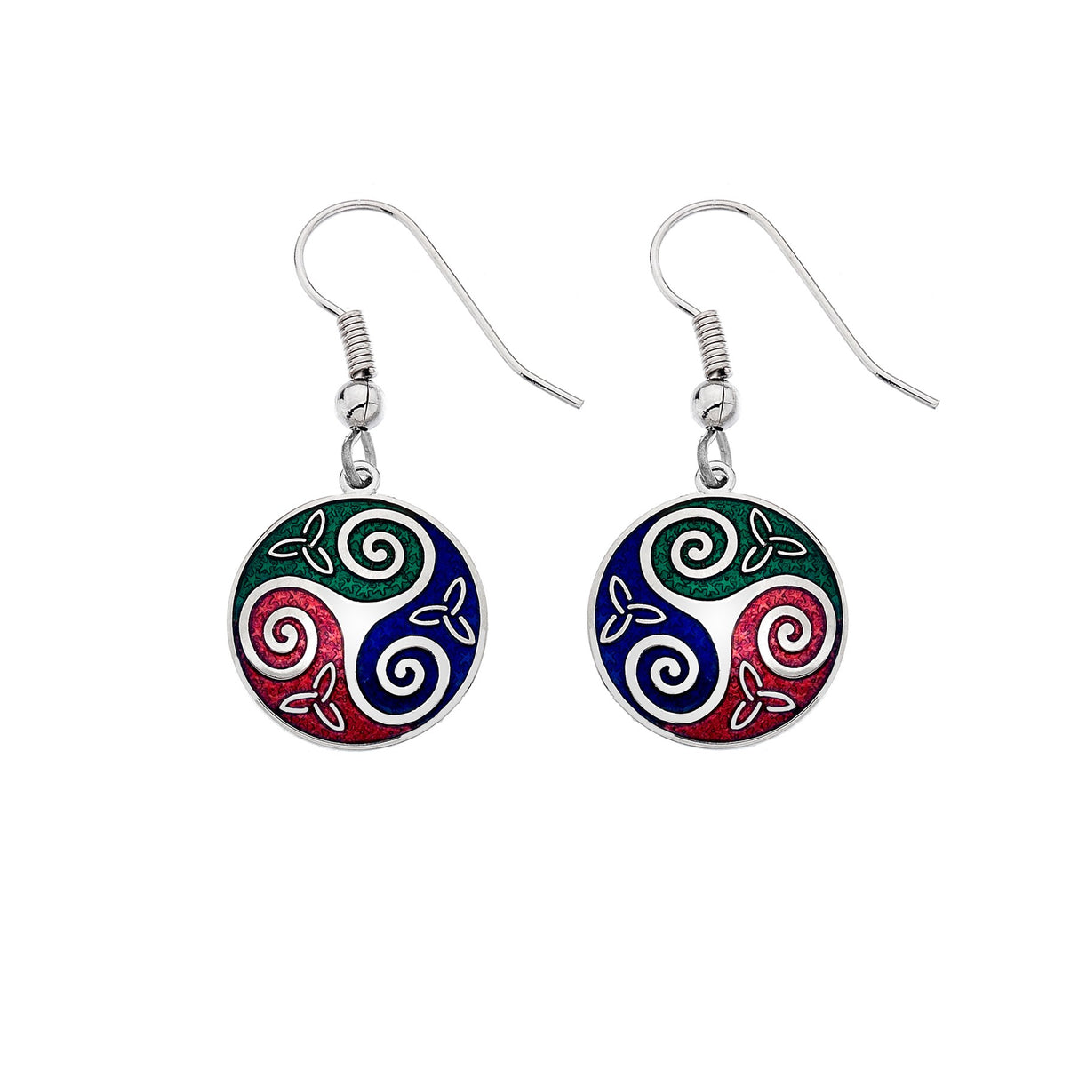 Sea Gems Celtic Trinity and Triskele Earrings Red / Green / Blue - Sterling Silver | 3134RGB