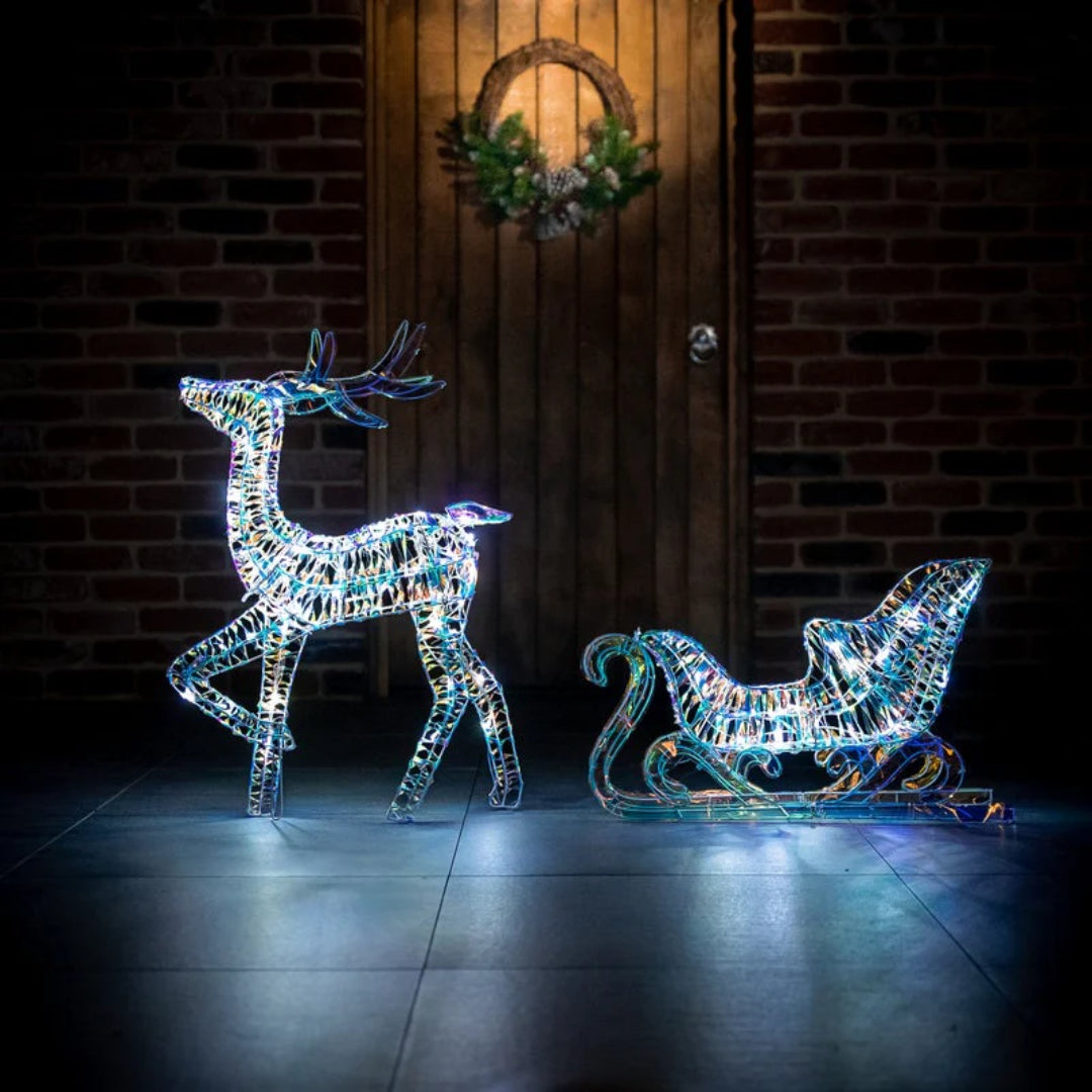 Norfolk Leisure 85cm Iridescent Christmas Reindeer & Sleigh With 70 White LED Lights | 51009-X1