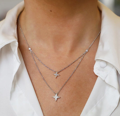 Tipperary Crystal Double Floating Pave Star Necklace - Silver | 130029