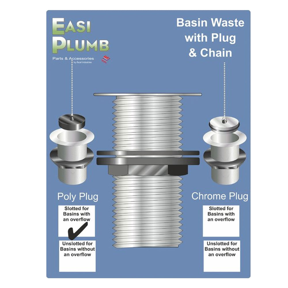 Easi Plumb 1 1/4" Poly Basin Sink Waste with Plug & Chain | EPWST300