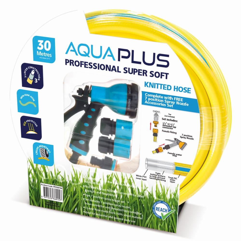 Aquaplus Professional Yellow Knitted Supersoft Fitted Garden Hose 30 metre with fittings | PPS760164